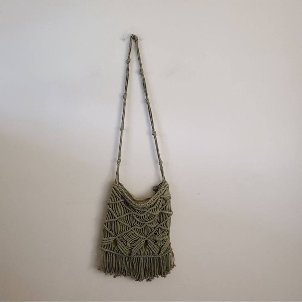 Vintage Olive Green Macrame Bohemian Crossbody Bag Gem
